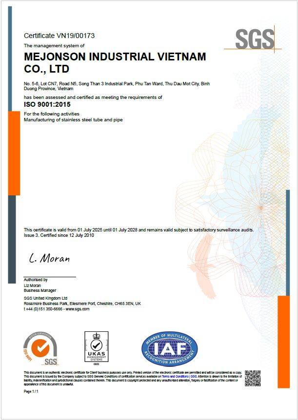 Stainless Steel Manufacturing Certificate ISO 9001 2025-2028